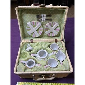 Delton Sprinkles Porcelain Children's Tea Party Set for 2 Picnic Basket Vintage